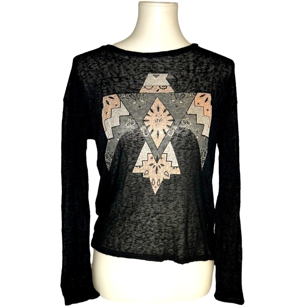 Tribal inspired eagle long sleeve, crew neck, thin almost sheer black to…